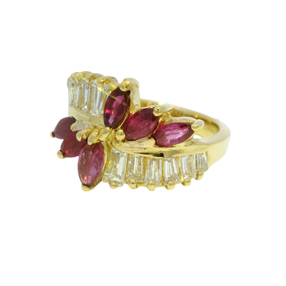 18k Yellow Gold Marquise Cut Ruby & Tapered Baguette Cut Diamond Ring