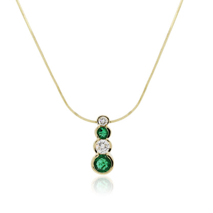 14k Yellow Gold Diamond and Emerald Bezel Set Drop Pendant Necklace