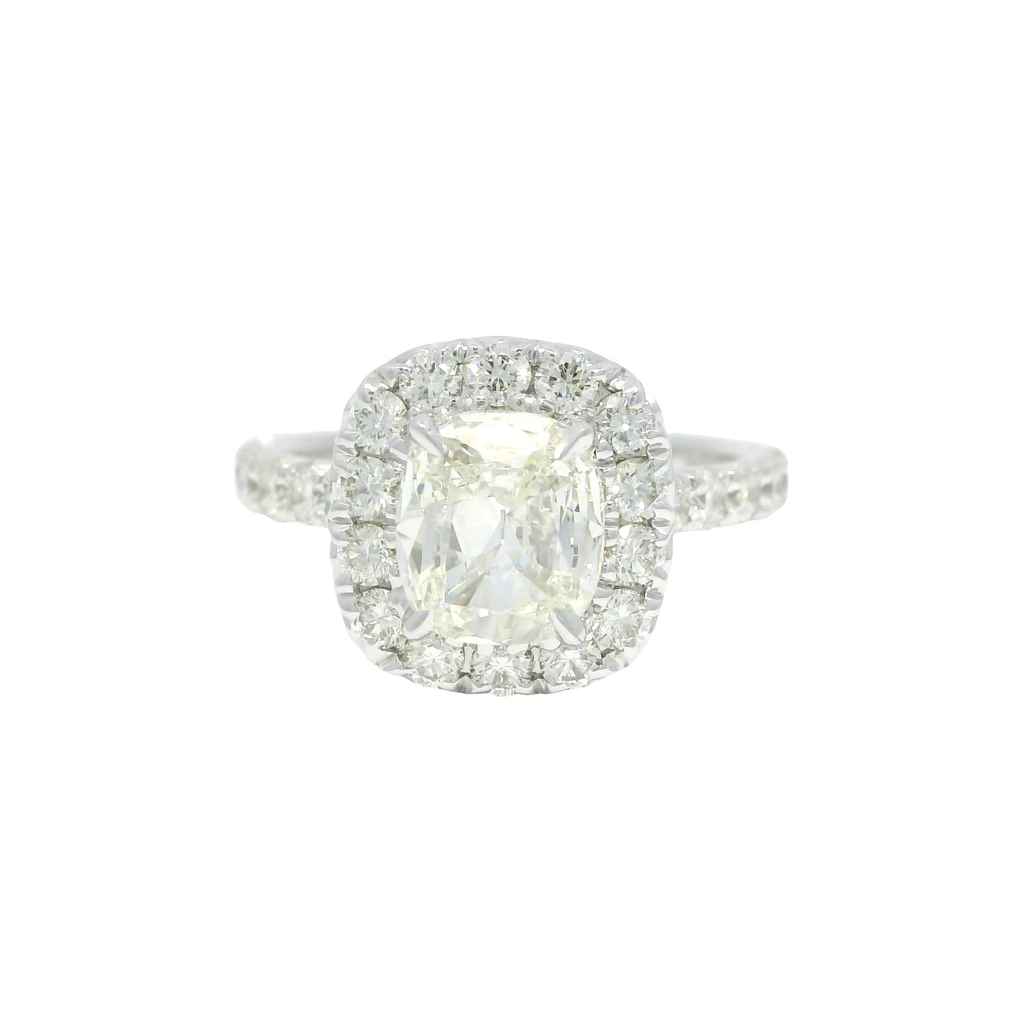 Henri Daussi 18k White Gold Natural Cushion Cut Diamond Halo Engagement Ring