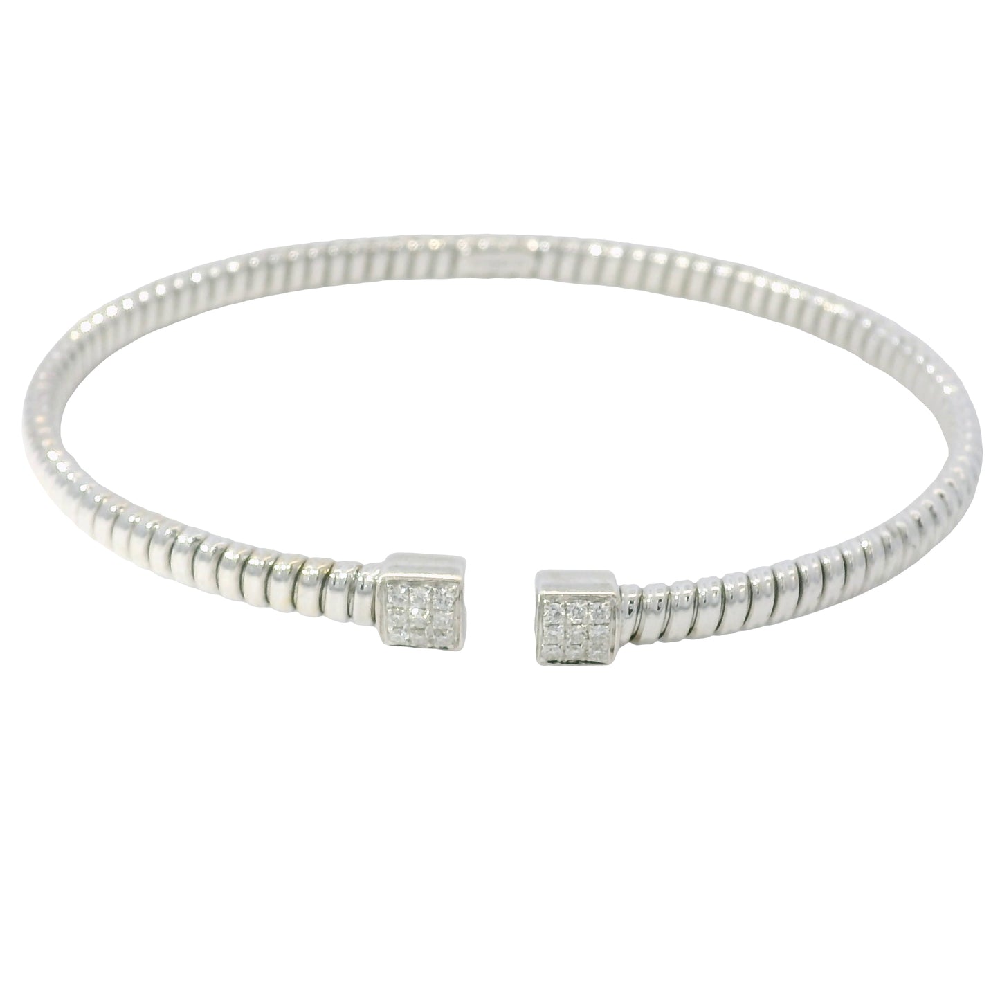 18K White Gold Natural 0.15 Carats Diamond Ribbed Open Bangle Bracelet 
