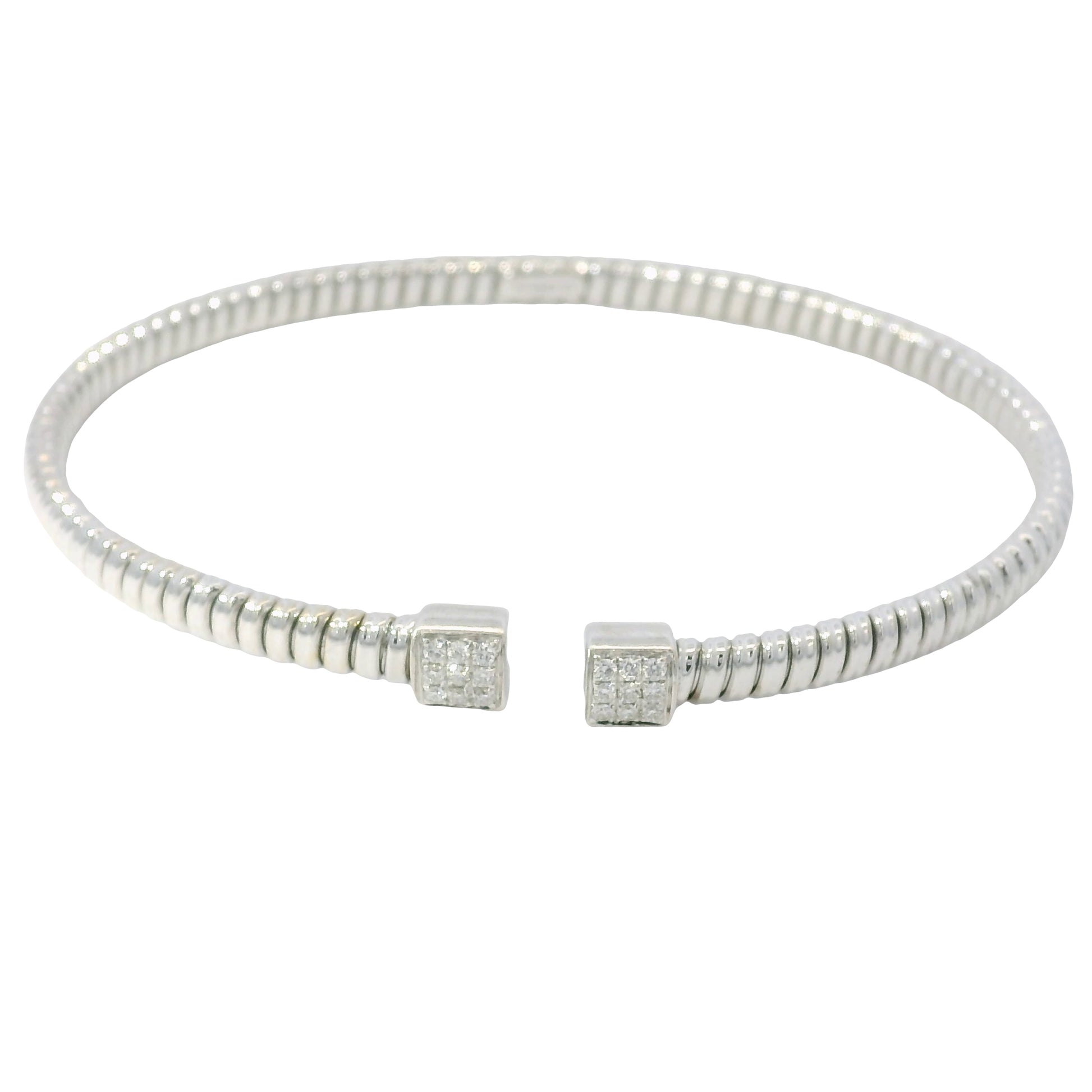 18K White Gold Natural 0.15 Carats Diamond Ribbed Open Bangle Bracelet 
