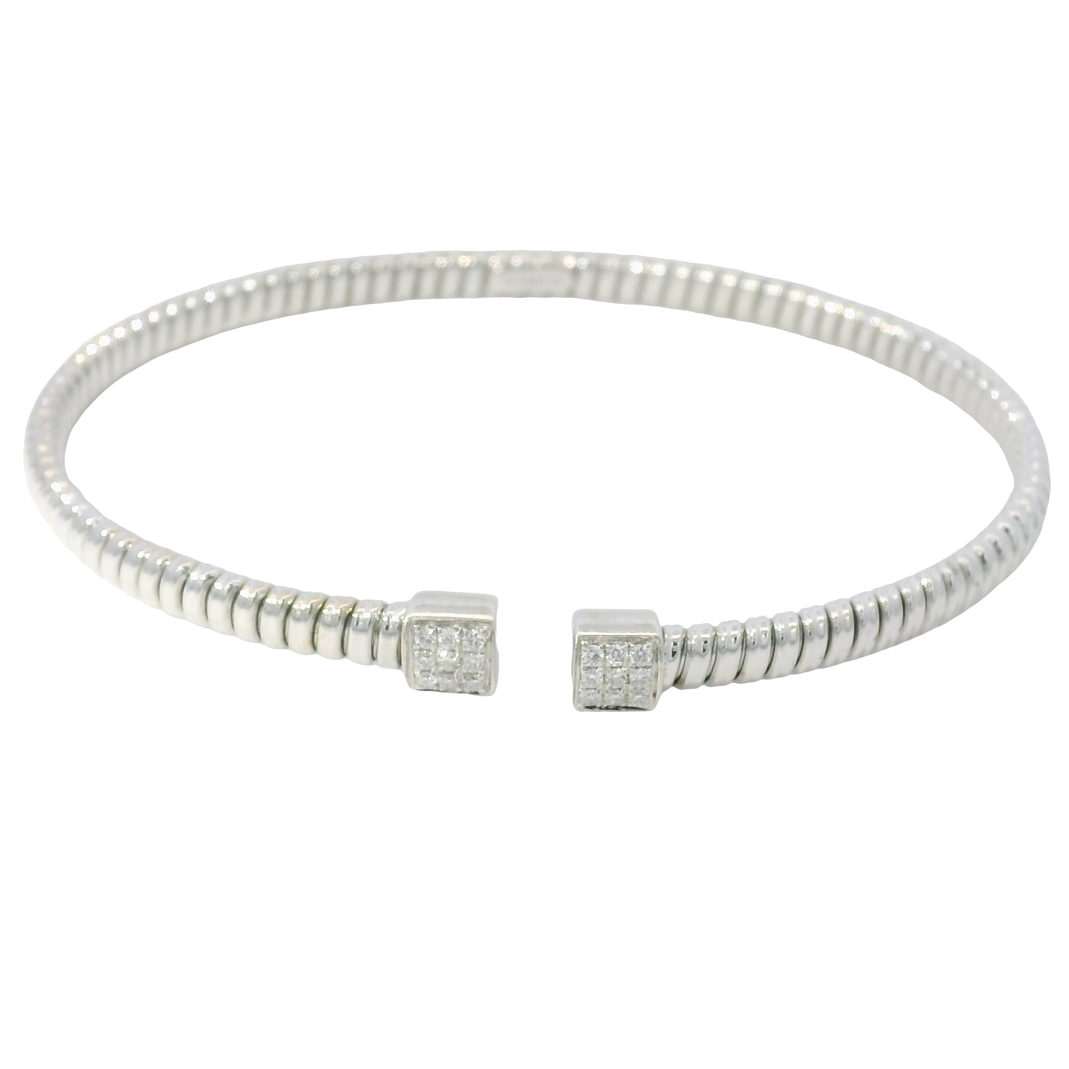 18K White Gold Natural 0.15 Carats Diamond Ribbed Open Bangle Bracelet 