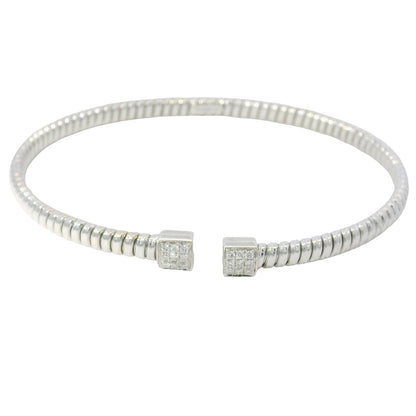 18K White Gold Natural 0.15 Carats Diamond Ribbed Open Bangle Bracelet 