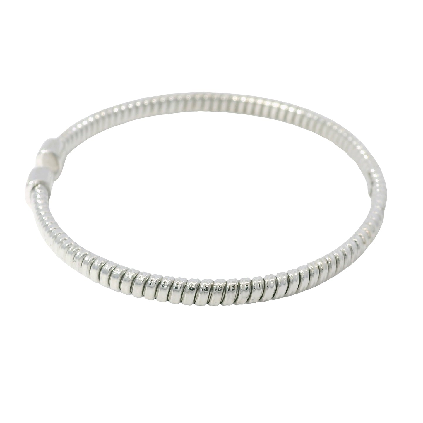 18K White Gold Natural 0.15 Carats Diamond Ribbed Open Bangle Bracelet