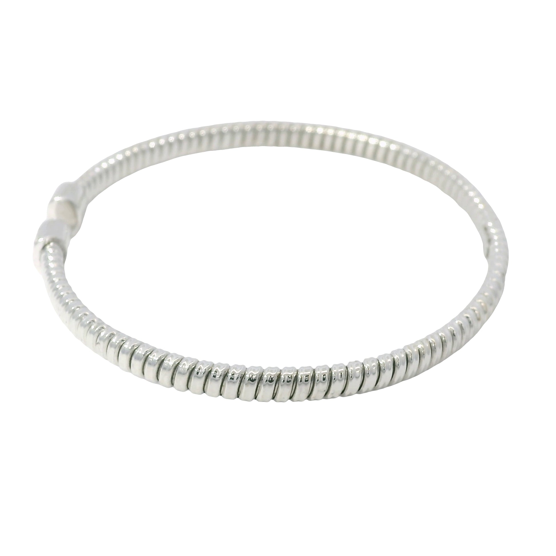 18K White Gold Natural 0.15 Carats Diamond Ribbed Open Bangle Bracelet