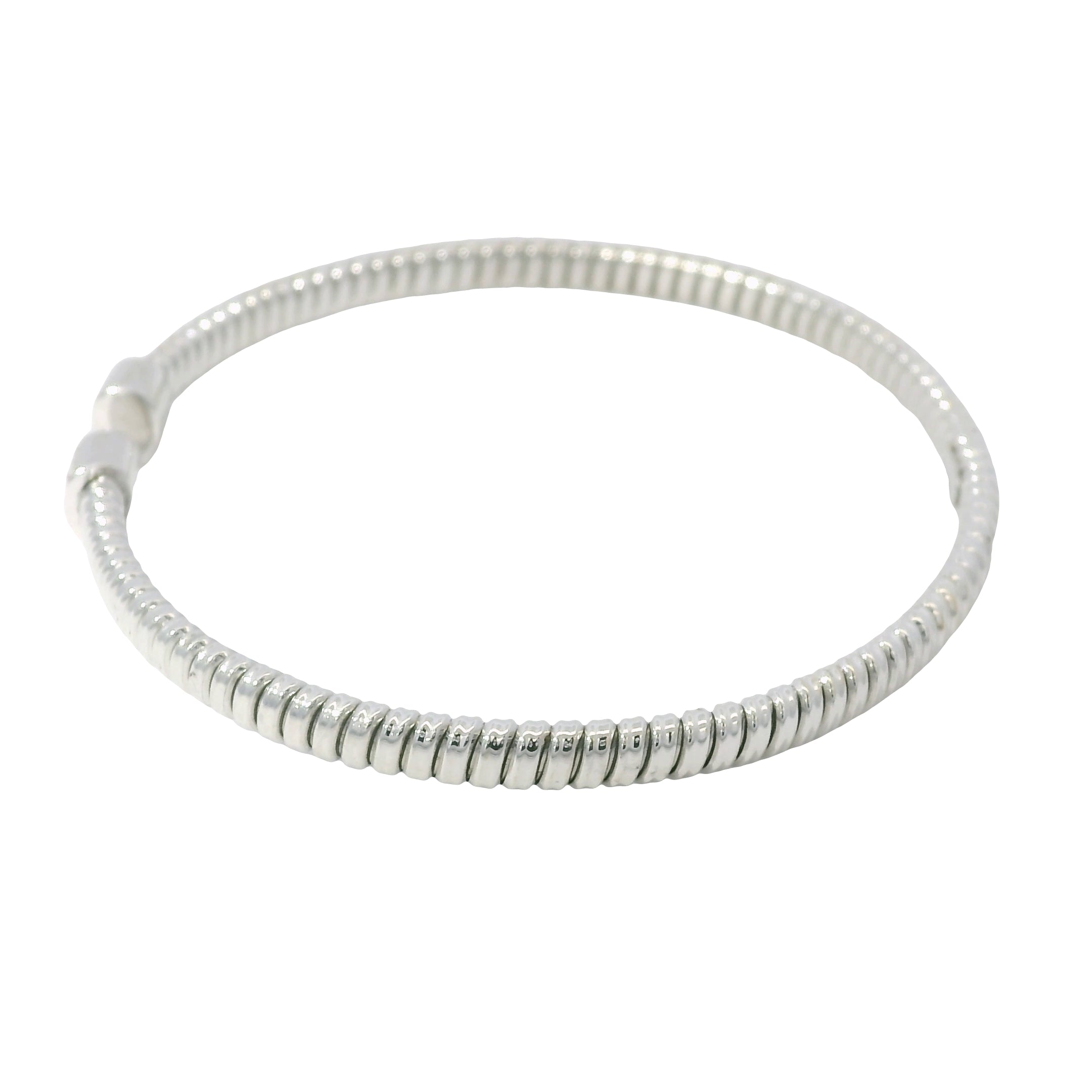 18K White Gold Natural 0.15 Carats Diamond Ribbed Open Bangle Bracelet