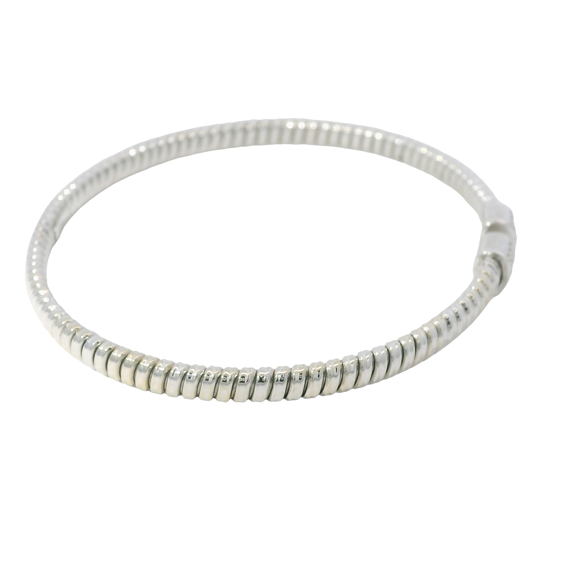 18K White Gold Natural 0.15 Carats Diamond Ribbed Open Bangle Bracelet