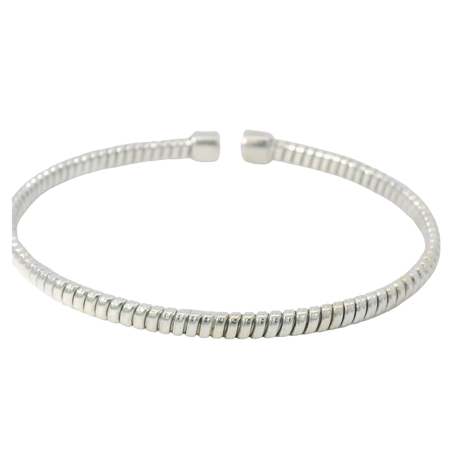 18K White Gold Natural 0.15 Carats Diamond Ribbed Open Bangle Bracelet