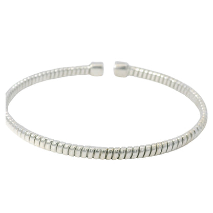 18K White Gold Natural 0.15 Carats Diamond Ribbed Open Bangle Bracelet