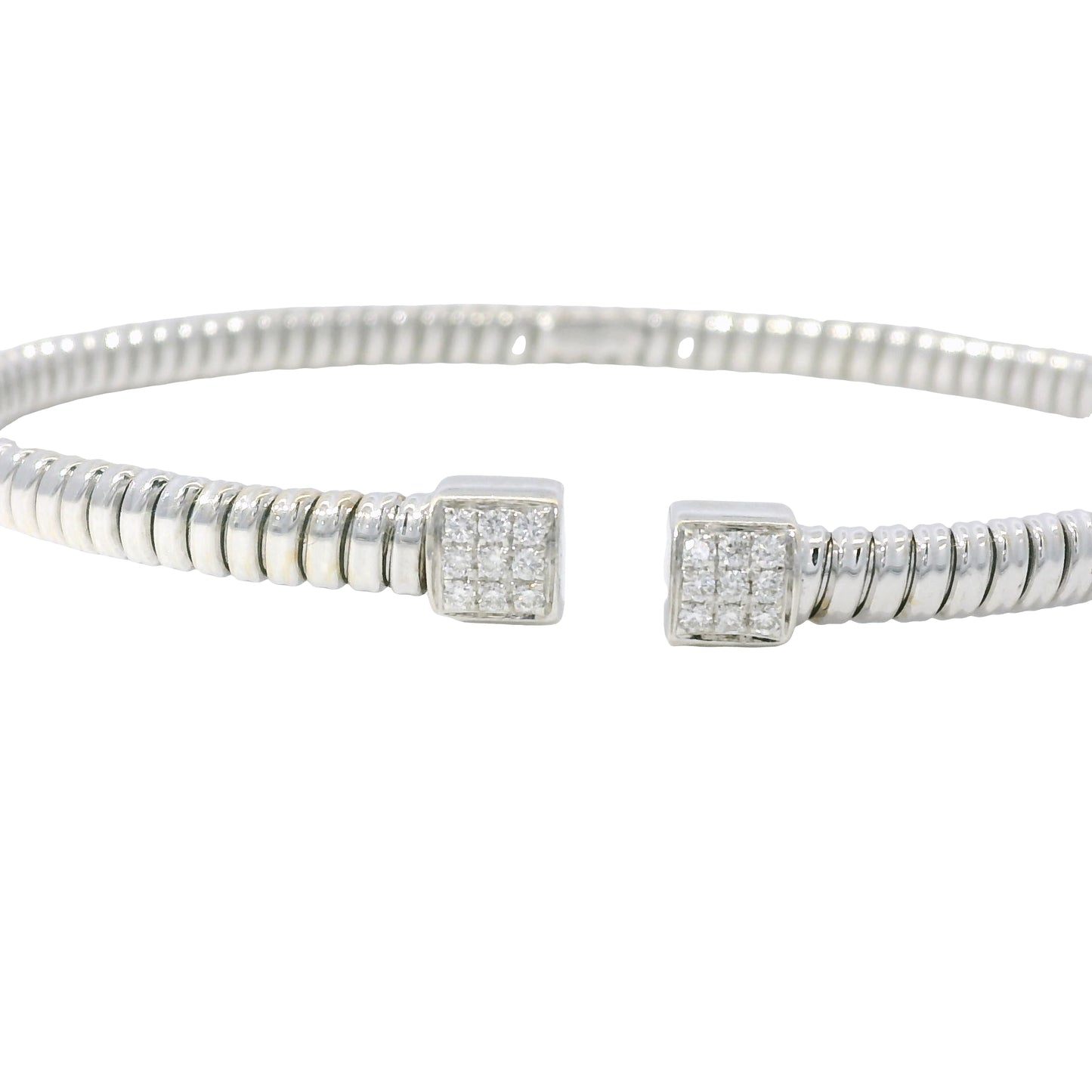 18K White Gold Natural 0.15 Carats Diamond Ribbed Open Bangle Bracelet