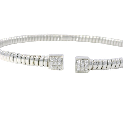 18K White Gold Natural 0.15 Carats Diamond Ribbed Open Bangle Bracelet
