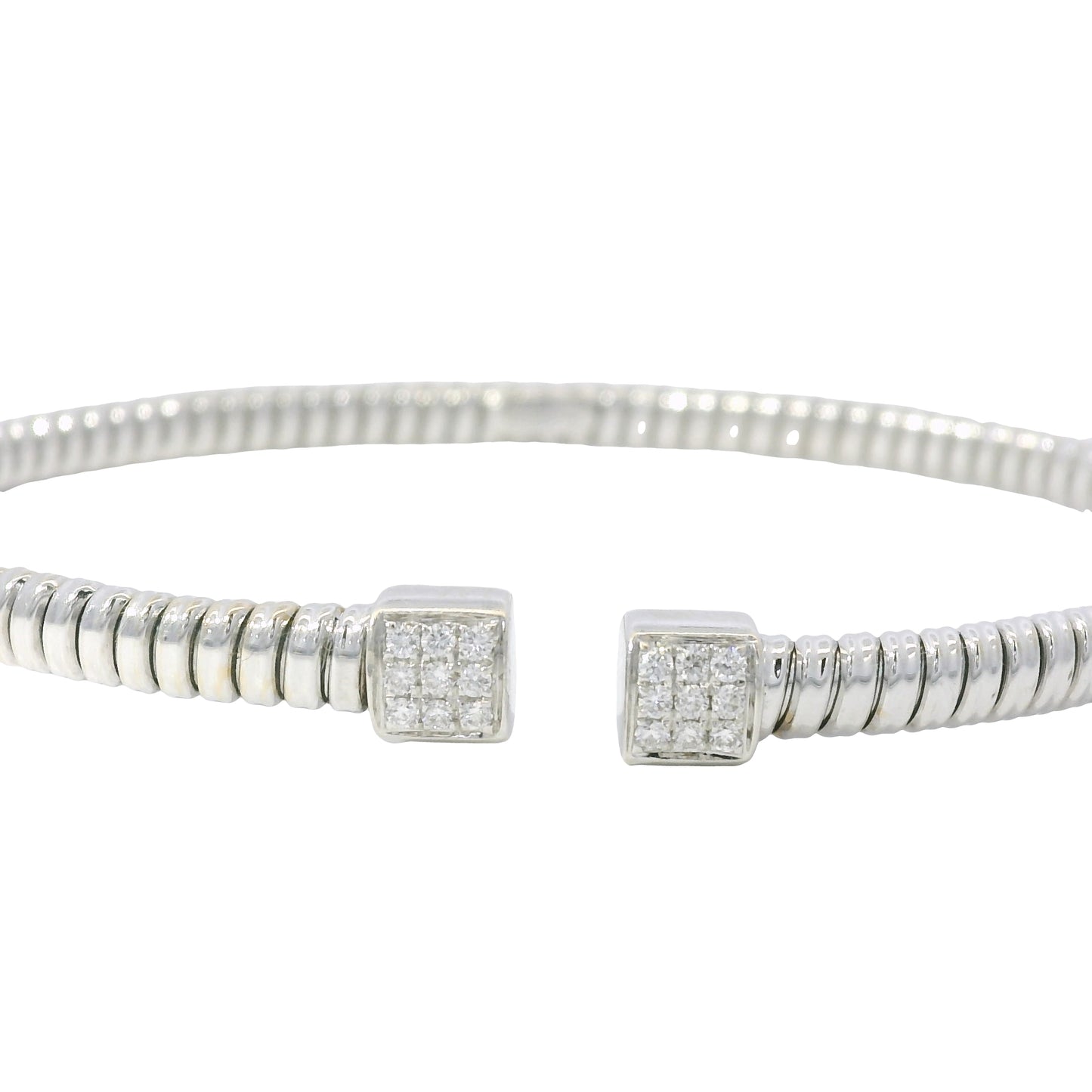 18K White Gold Natural 0.15 Carats Diamond Ribbed Open Bangle Bracelet