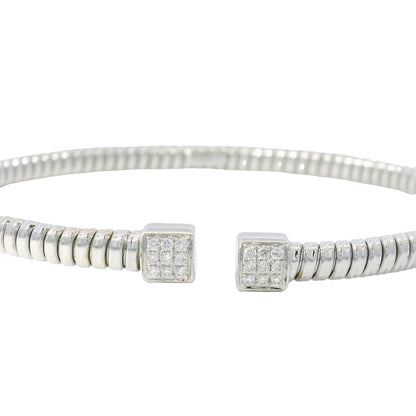 18K White Gold Natural 0.15 Carats Diamond Ribbed Open Bangle Bracelet