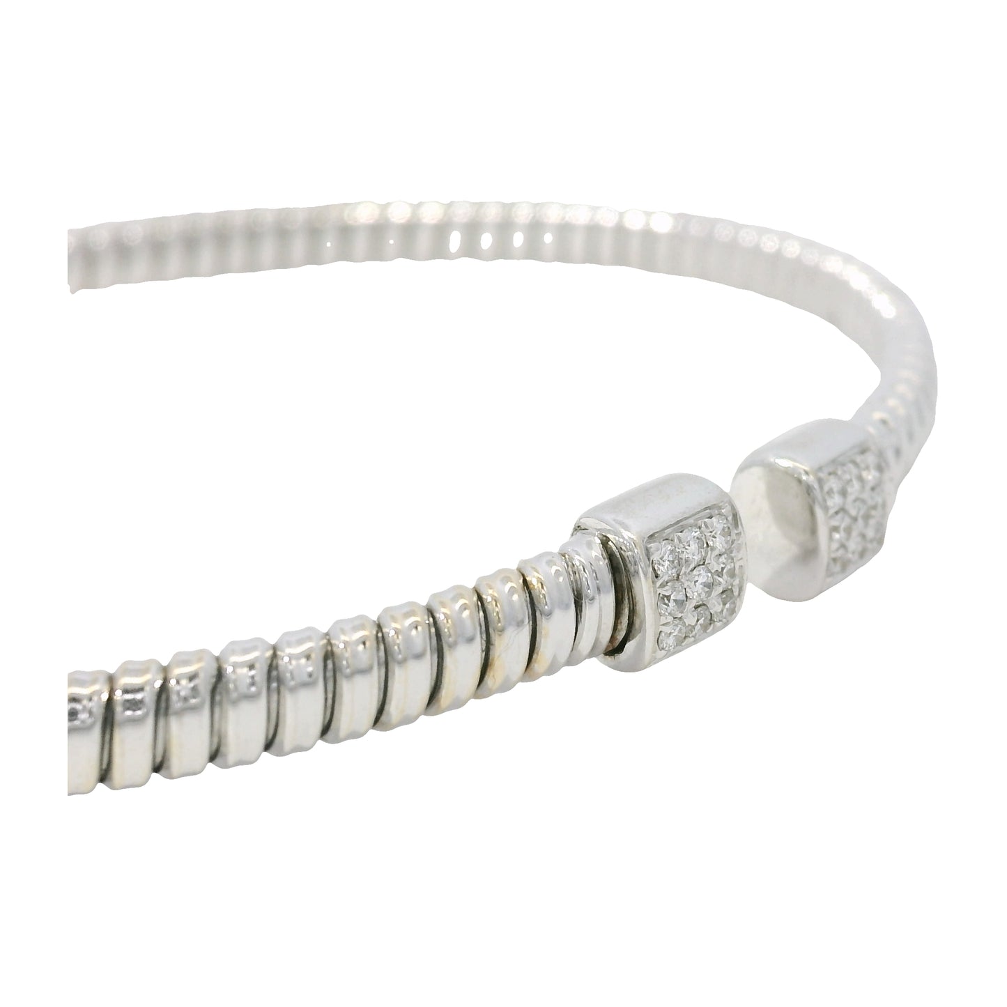 18K White Gold Natural 0.15 Carats Diamond Ribbed Open Bangle Bracelet