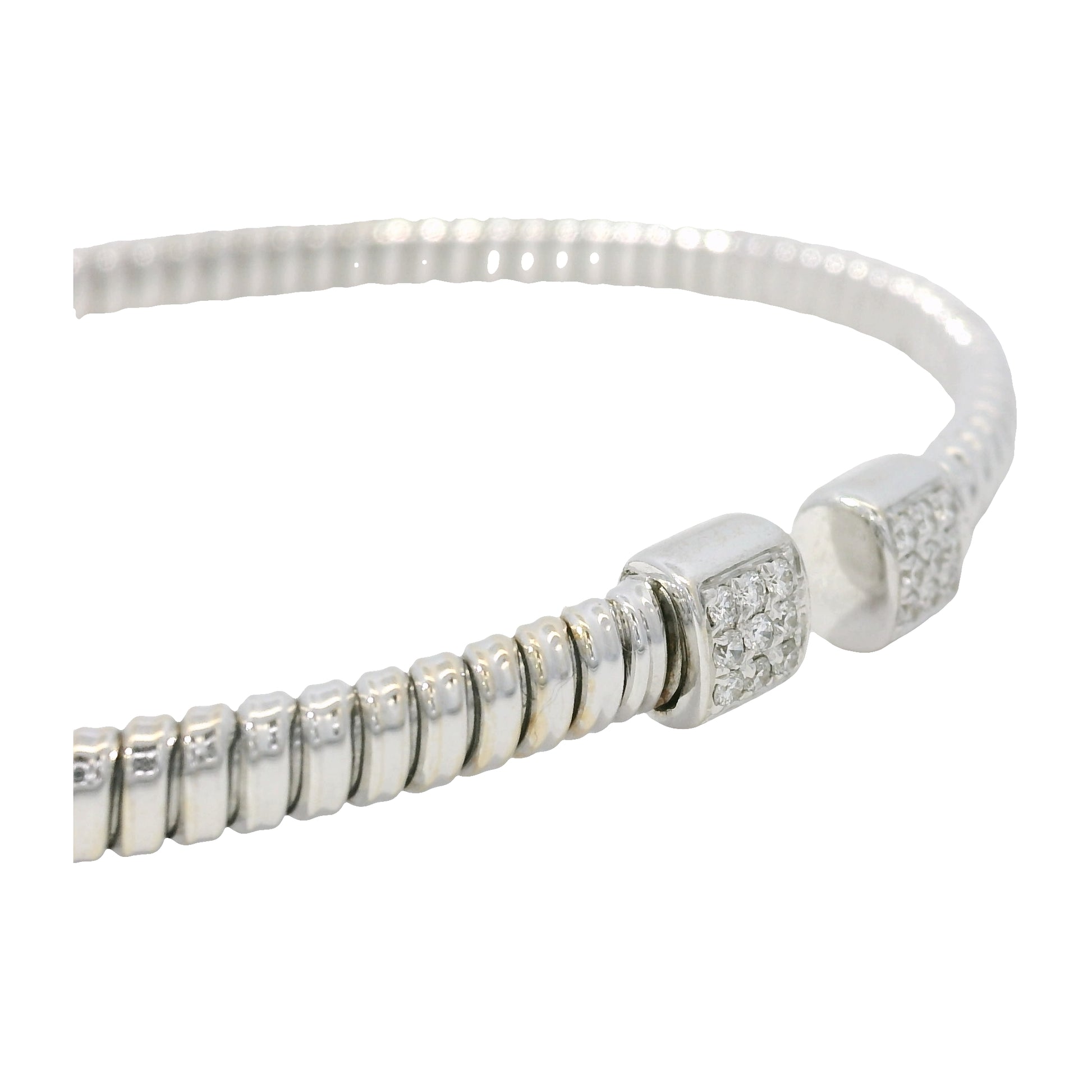 18K White Gold Natural 0.15 Carats Diamond Ribbed Open Bangle Bracelet