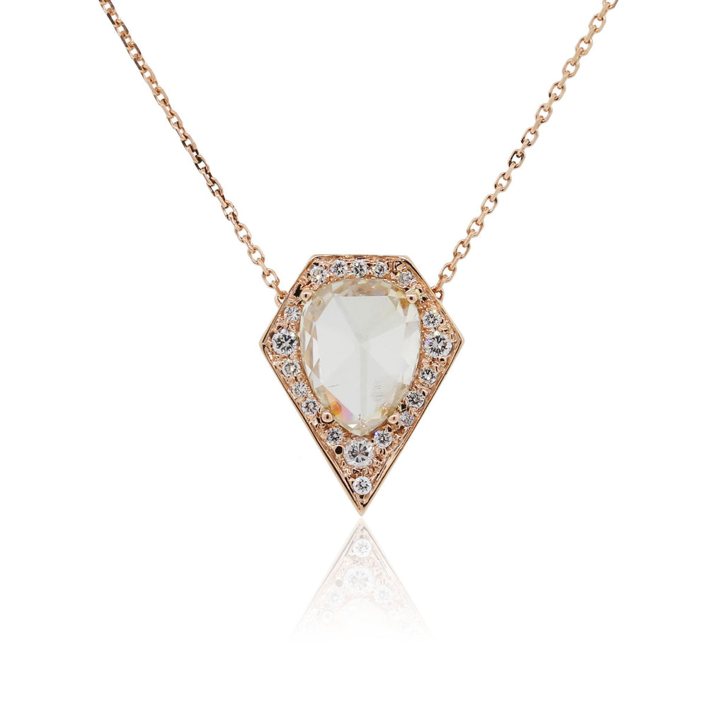 14k Rose Gold 2.41ct Rose Cut Pear Shape Diamond and 0.25ctw Diamond Shield Pendant on Chain