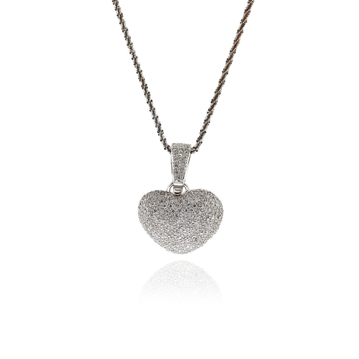 18k White Gold 3ctw Pave Diamond Puffed Heart Pendant On Chain