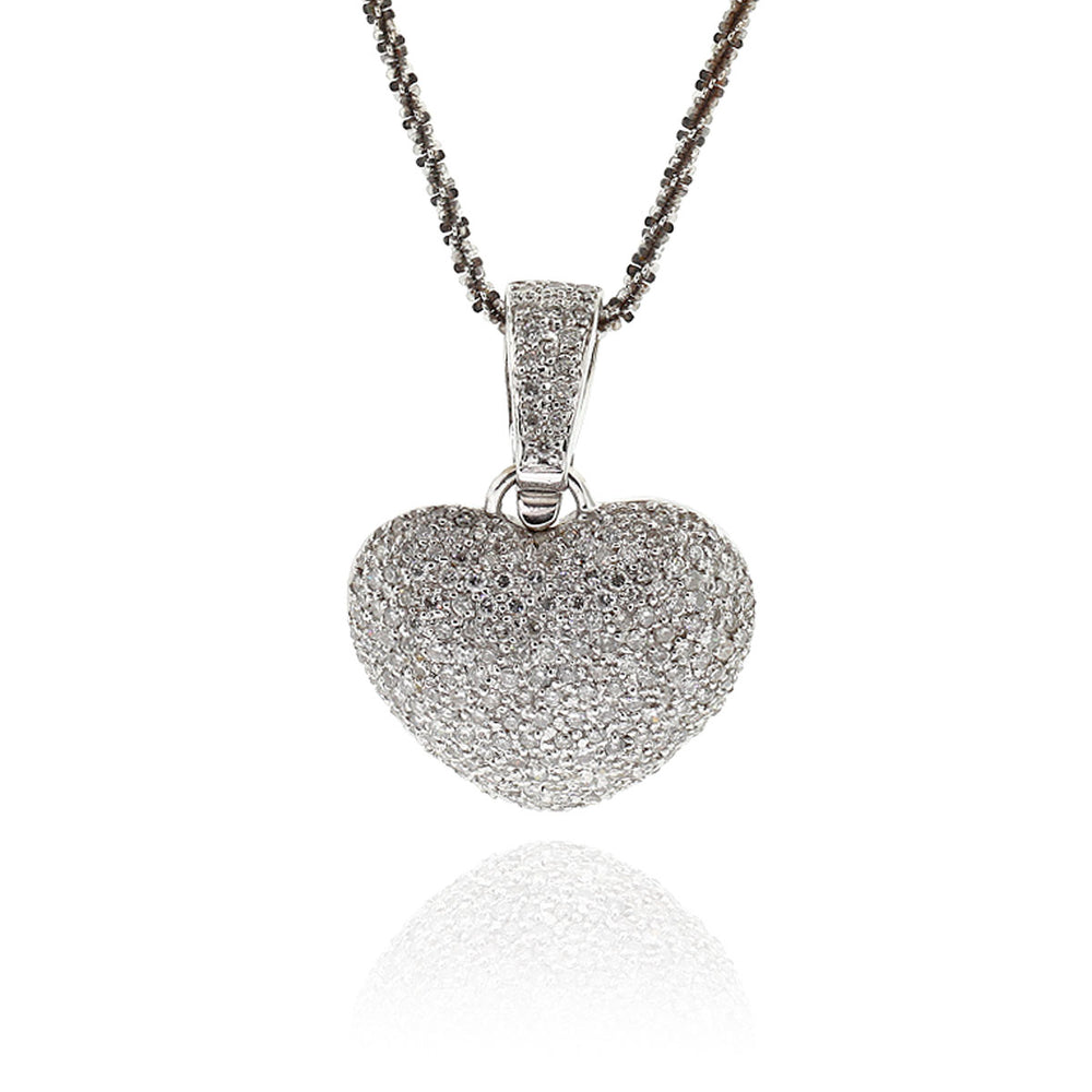 18k White Gold 3ctw Pave Diamond Puffed Heart Pendant On Chain
