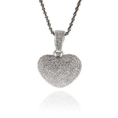 18k White Gold 3ctw Pave Diamond Puffed Heart Pendant On Chain