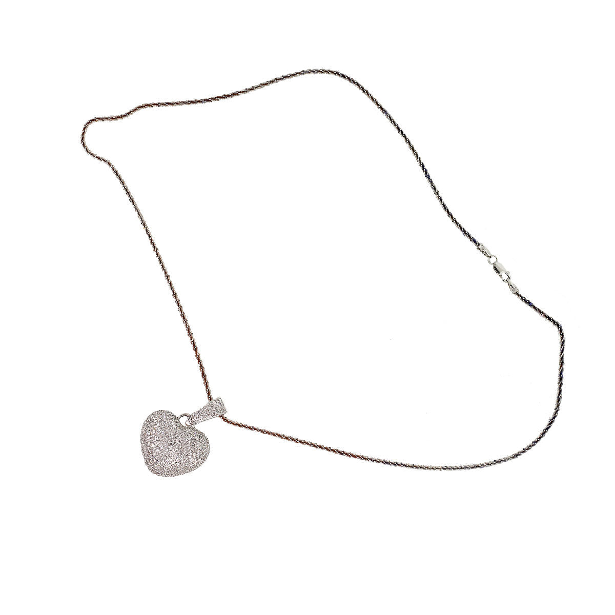 18k White Gold 3ctw Pave Diamond Puffed Heart Pendant On Chain