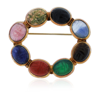 Gold Plated Multi Colored Semi-Precious Carved Gemstone Pin