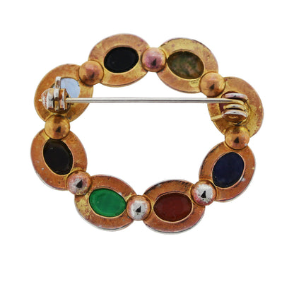 Gold Plated Multi Colored Semi-Precious Carved Gemstone Pin