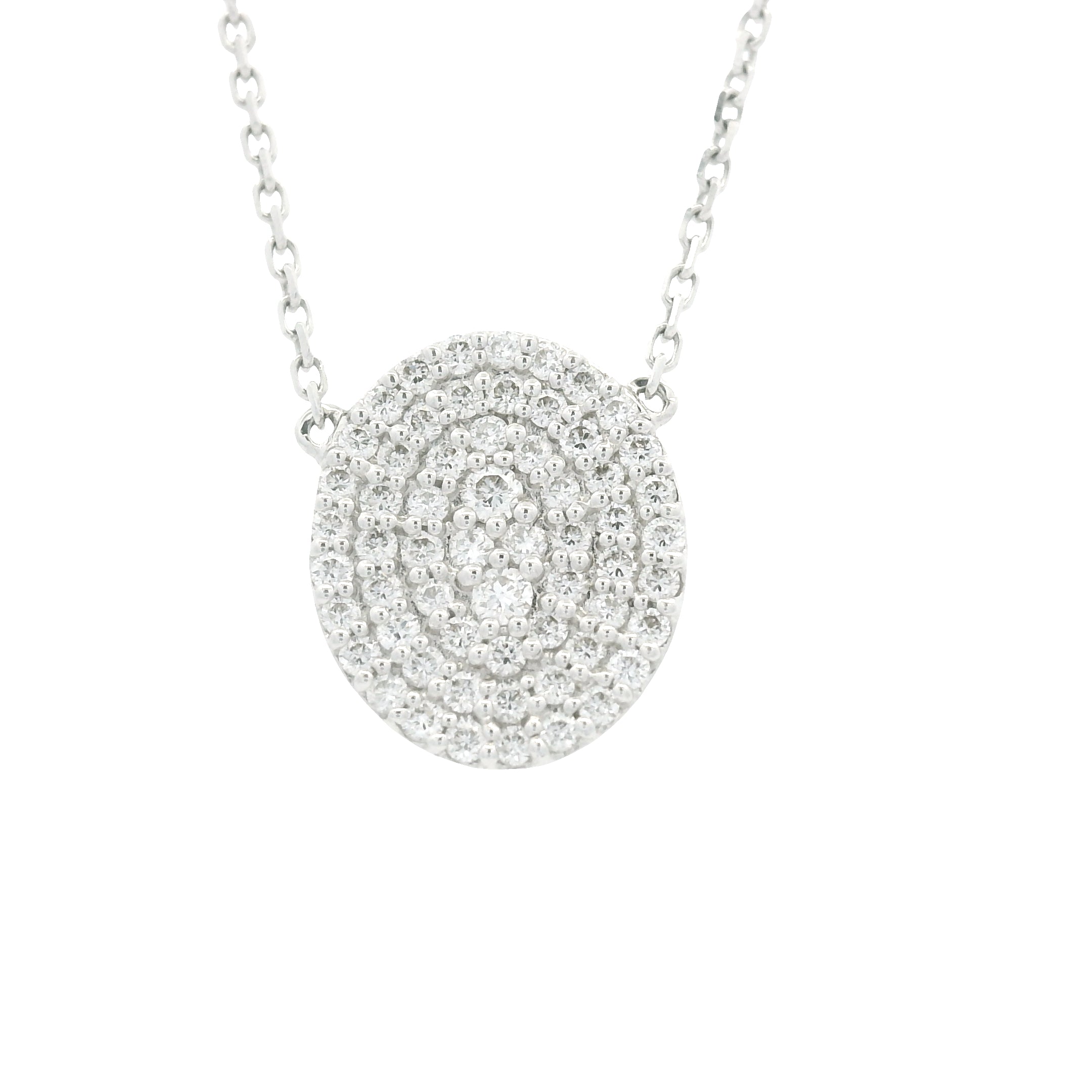 18K White Gold Natural Round Brilliant-Cut Oval-Shaped Flat Diamond Pendant Necklace