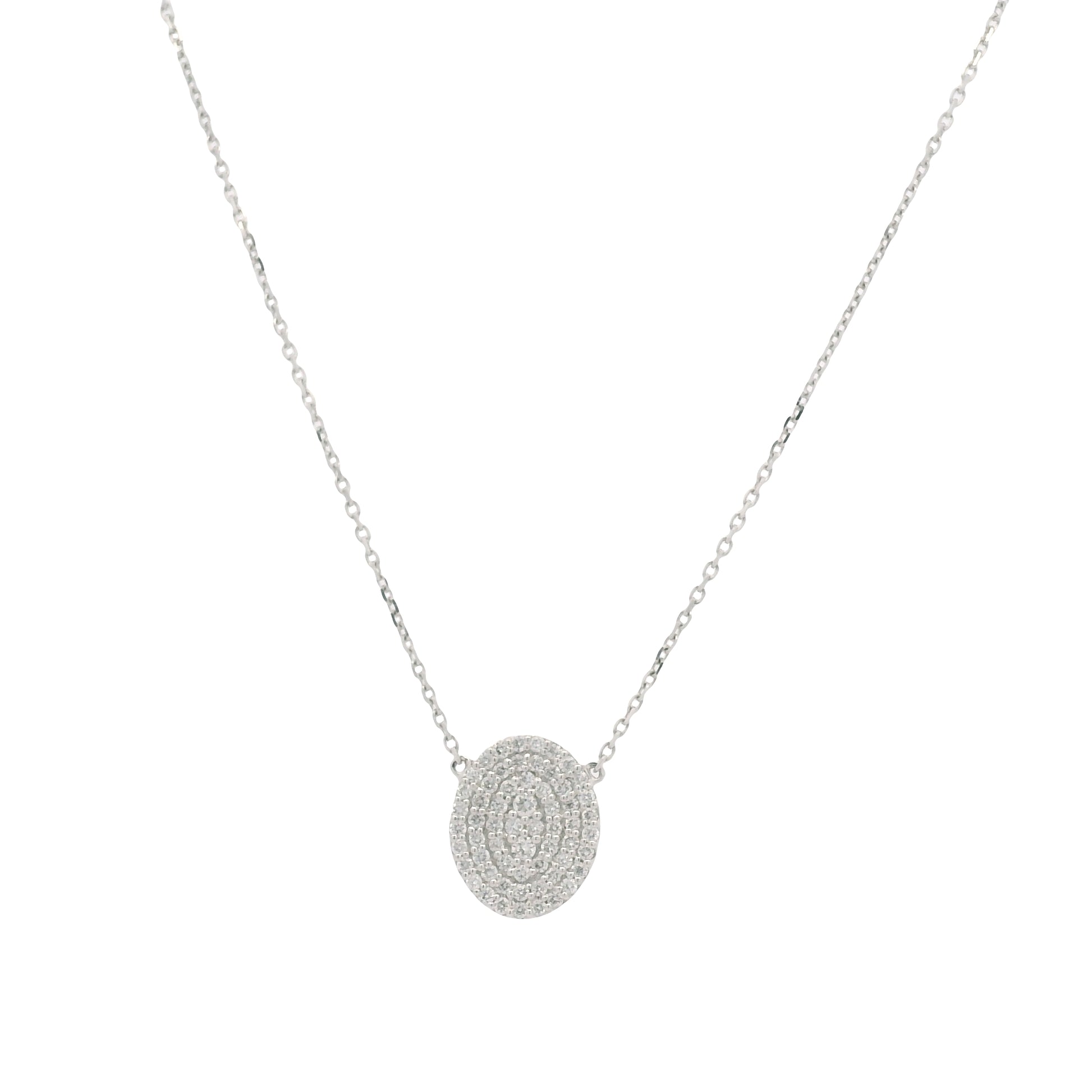 18K White Gold Natural Round Brilliant-Cut Oval-Shaped Flat Diamond Pendant Necklace