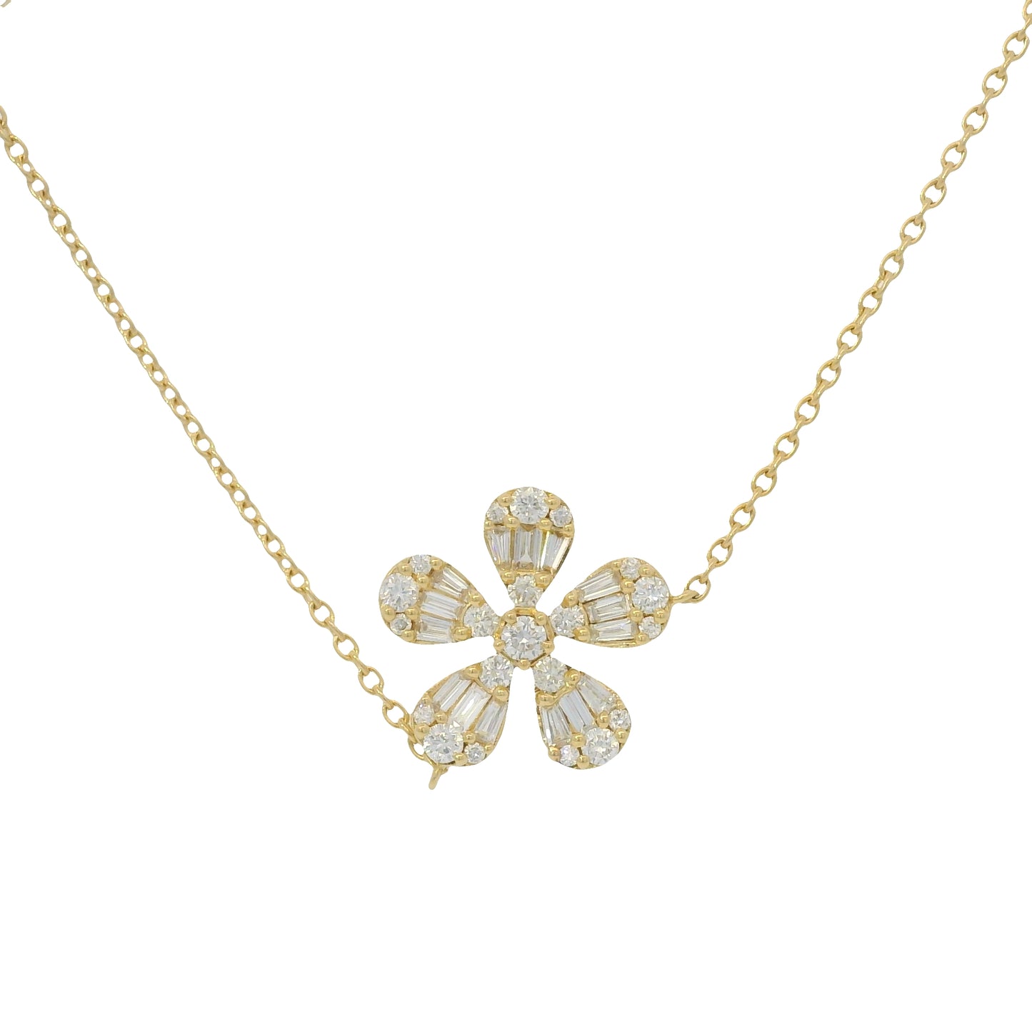 18K Yellow Gold Natural Baguette & Round Brilliant 5 Flower Necklace