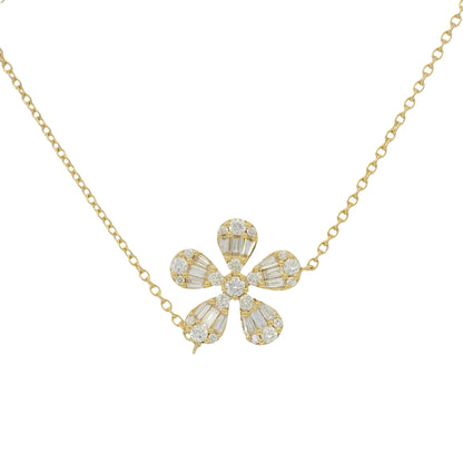 18K Yellow Gold Natural Baguette & Round Brilliant 5 Flower Necklace