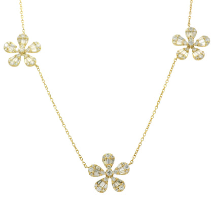 18K Yellow Gold Natural Baguette & Round Brilliant Small 5 Flower Necklace