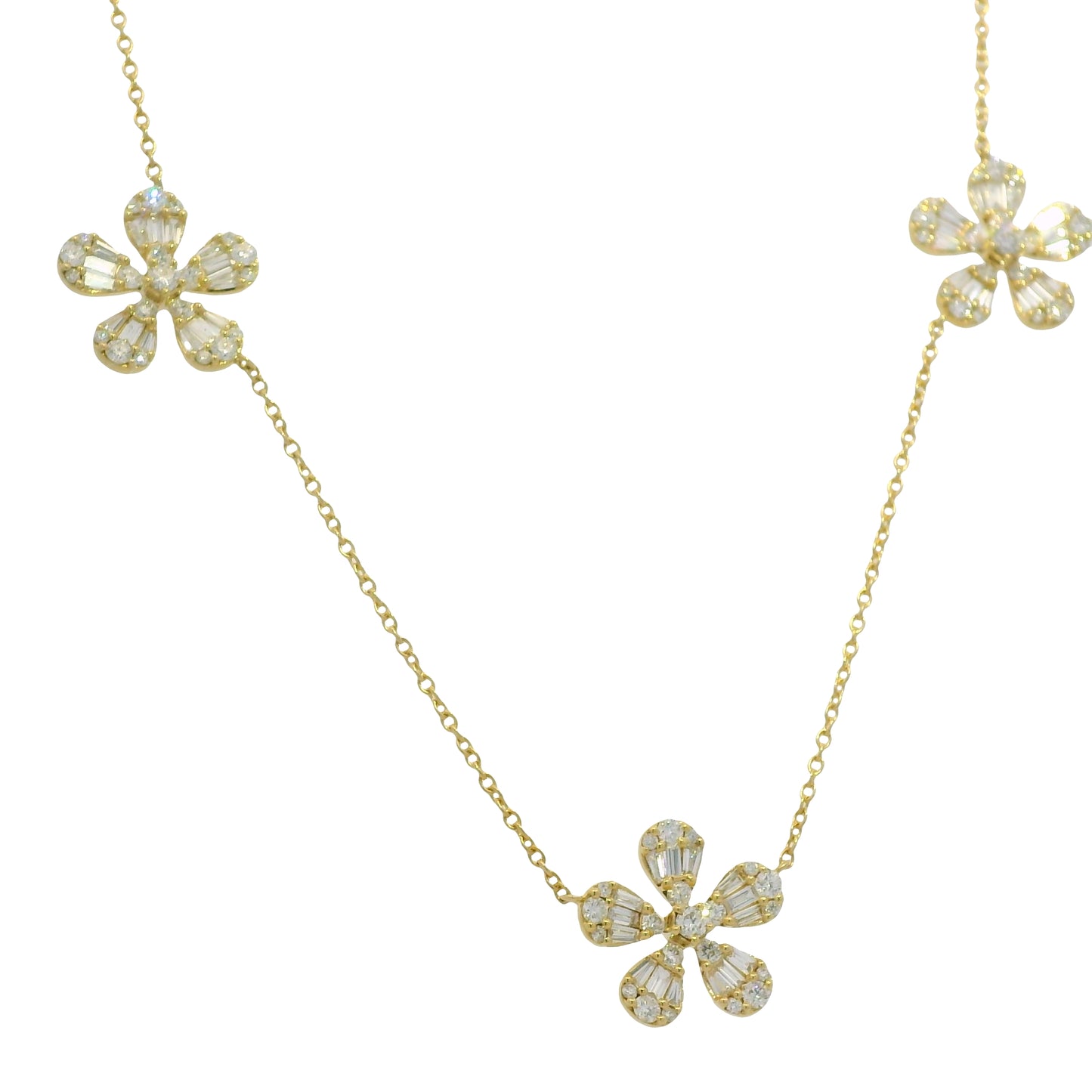 18K Yellow Gold Natural Baguette & Round Brilliant Small 5 Flower Necklace