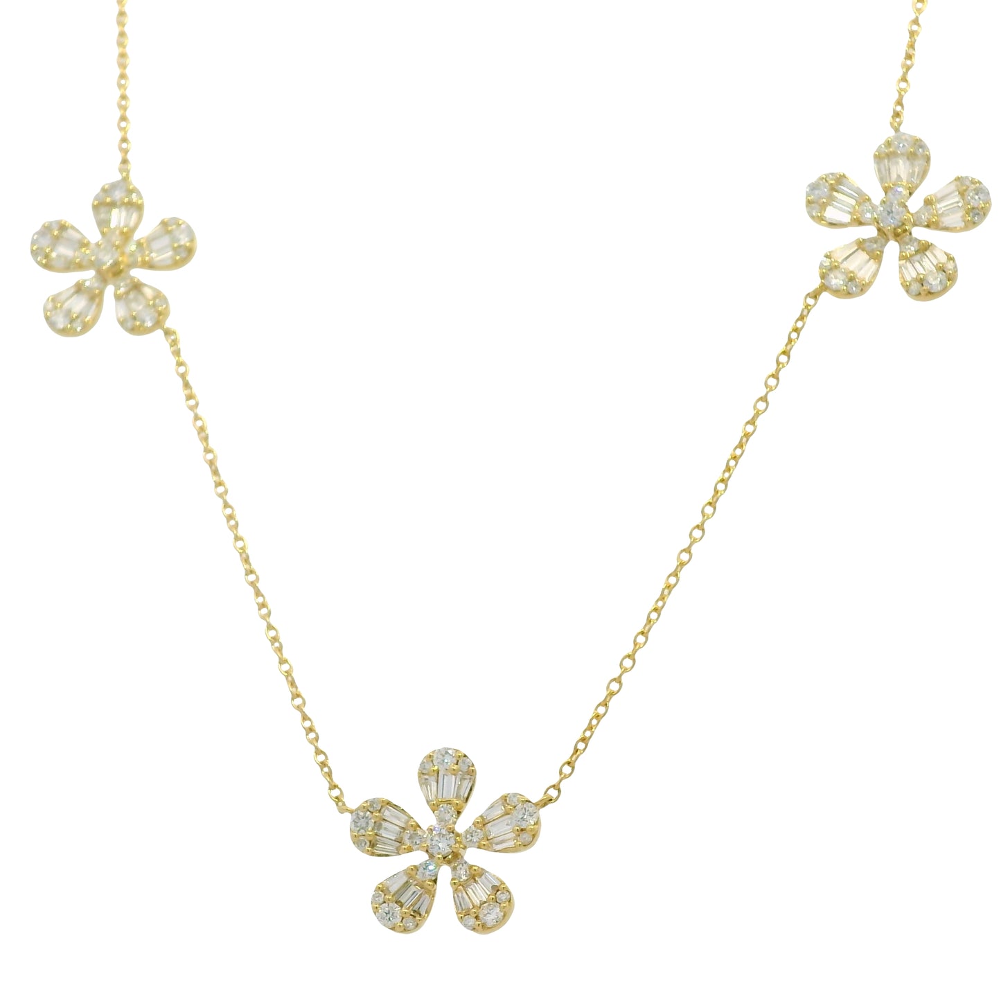 18K Yellow Gold Natural Baguette & Round Brilliant Small 5 Flower Necklace