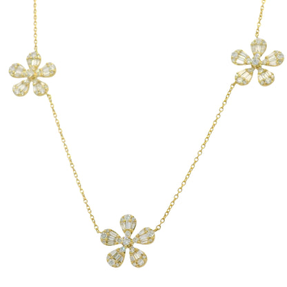 18K Yellow Gold Natural Baguette & Round Brilliant Small 5 Flower Necklace