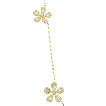 18K Yellow Gold Natural Baguette & Round Brilliant Small 5 Flower Necklace