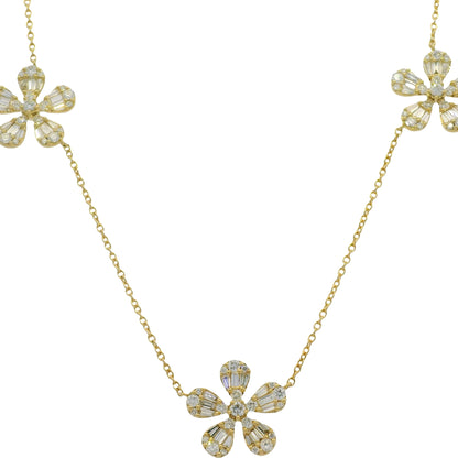 18K Yellow Gold Natural Baguette & Round Brilliant Small 5 Flower Necklace