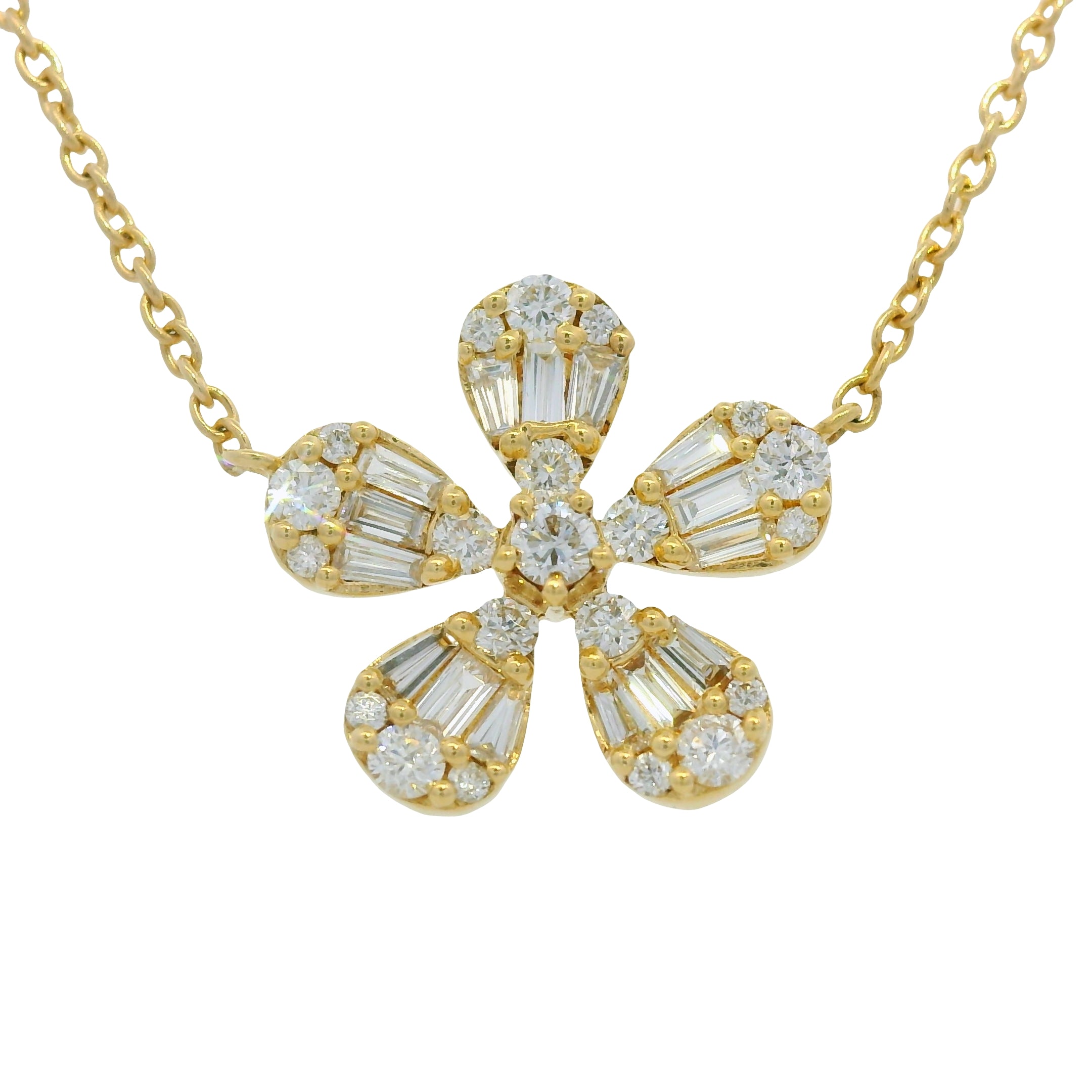 18K Yellow Gold Natural Baguette & Round Brilliant Small 5 Flower Necklace