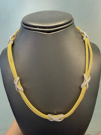 18k Two Tone Gold Natural Pave Diamond "X" Double Strand Necklace