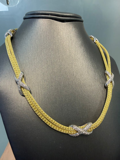 18k Two Tone Gold Natural Pave Diamond "X" Double Strand Necklace