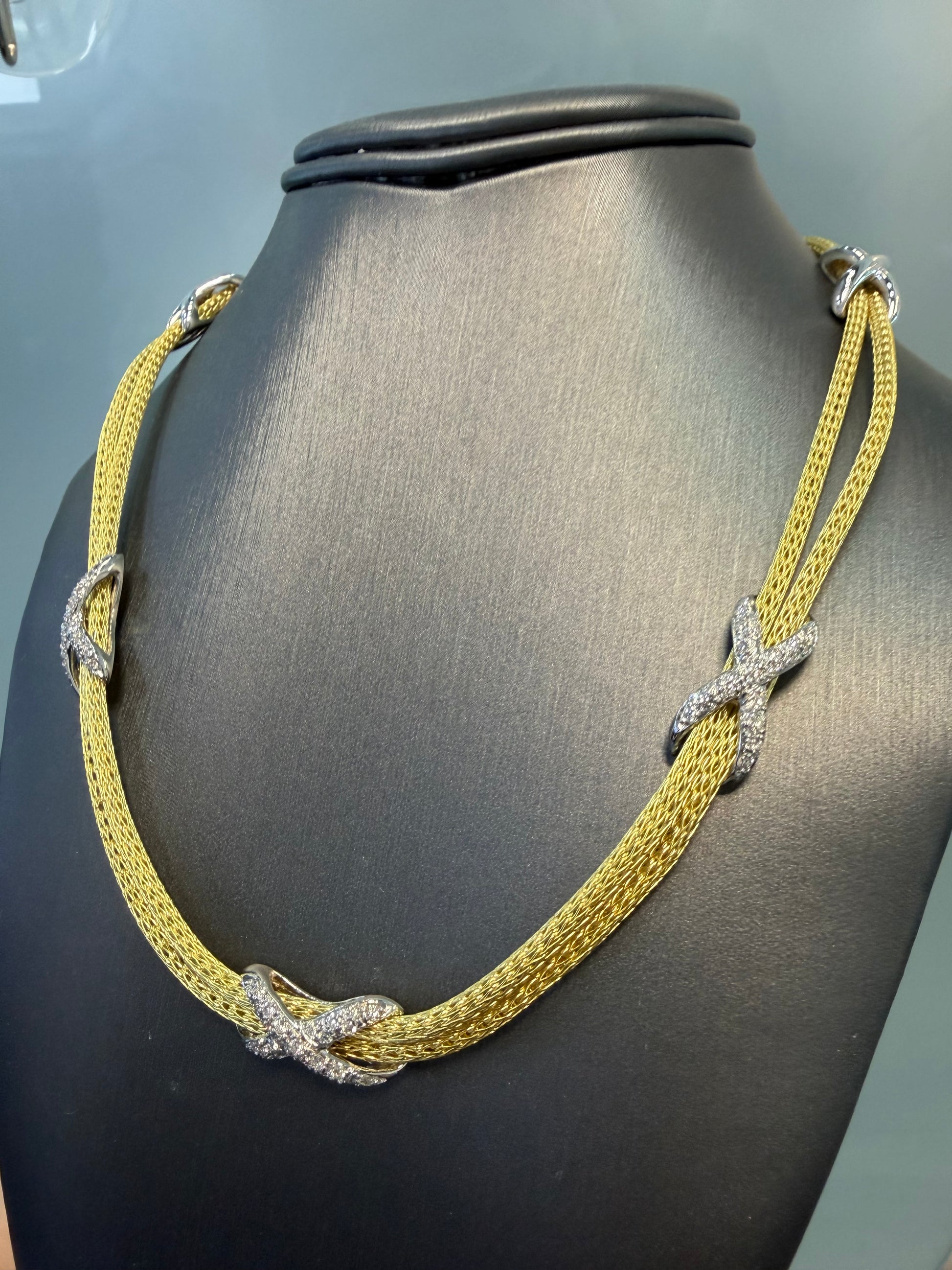 18k Two Tone Gold Natural Pave Diamond "X" Double Strand Necklace