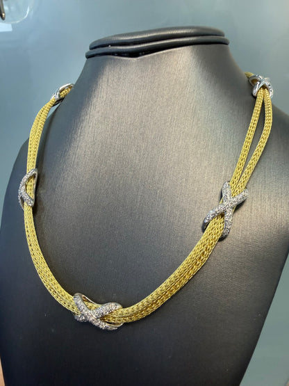 18k Two Tone Gold Natural Pave Diamond "X" Double Strand Necklace
