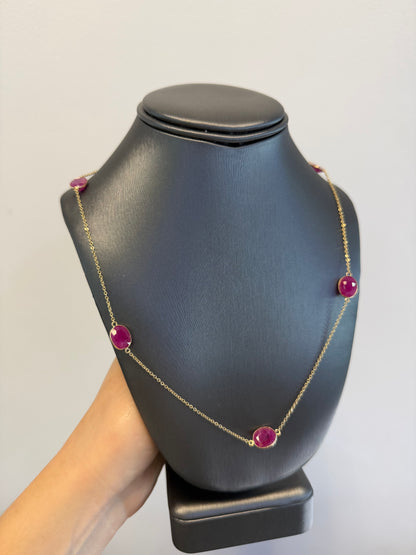 14k Yellow Gold 23.63 Carat Oval Ruby Bezel Set By The Yard Necklace
