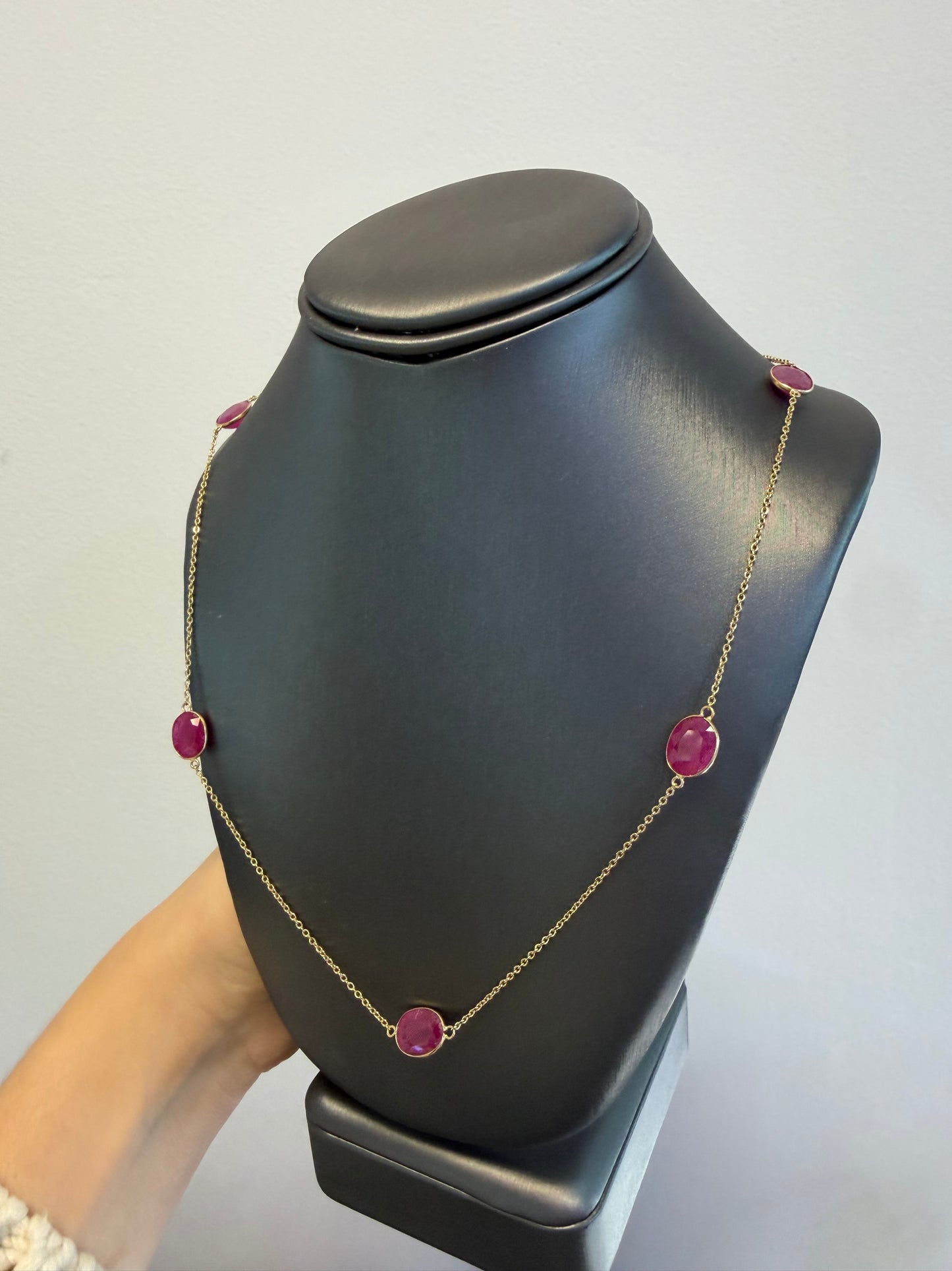 14k Yellow Gold 23.63 Carat Oval Ruby Bezel Set By The Yard Necklace