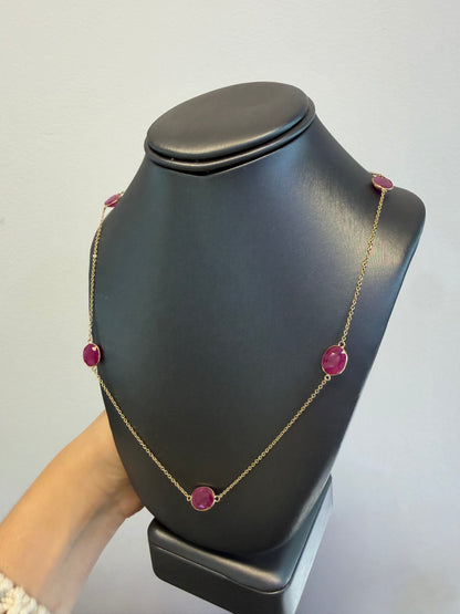14k Yellow Gold 23.63 Carat Oval Ruby Bezel Set By The Yard Necklace