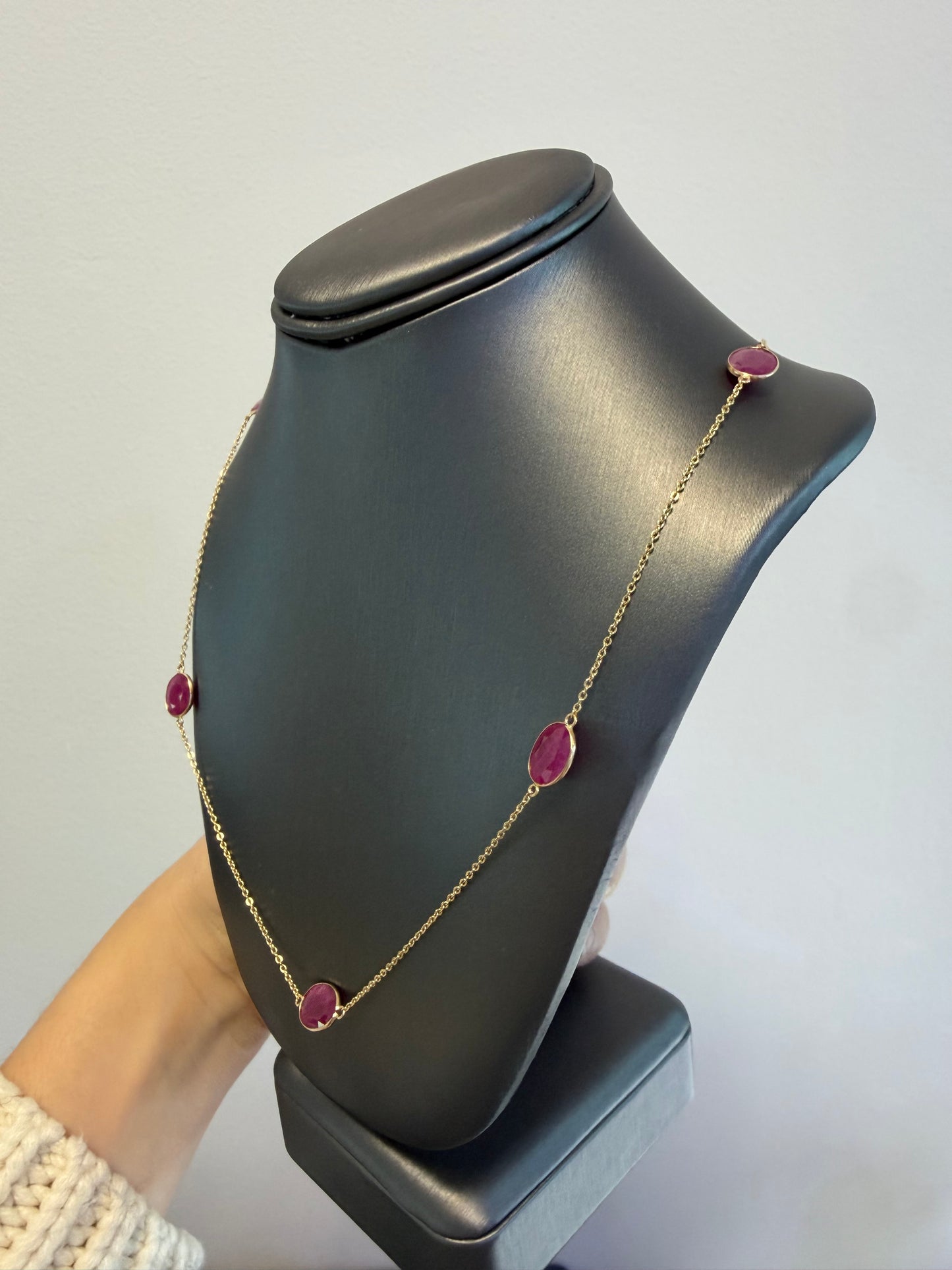 14k Yellow Gold 23.63 Carat Oval Ruby Bezel Set By The Yard Necklace