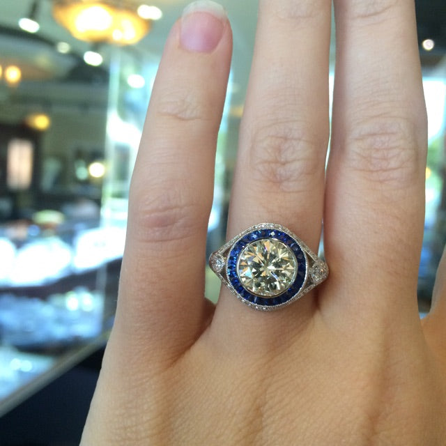 Plat. 2.50ct Round Brilliant Diamond Sapphire Halo Engagement Ring