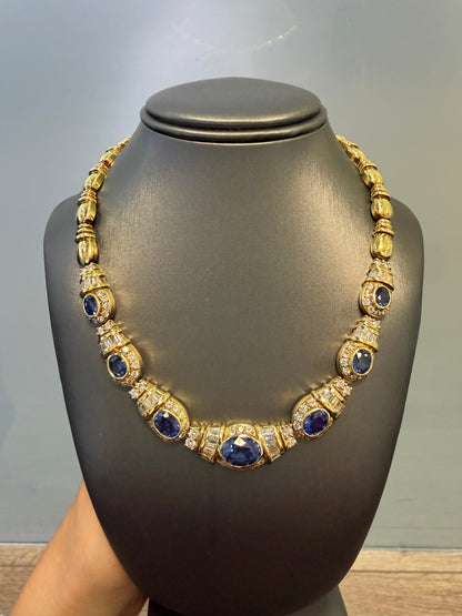 GIA 18k Yellow Gold Sri Lankan Oval Sapphire & Diamond Necklace