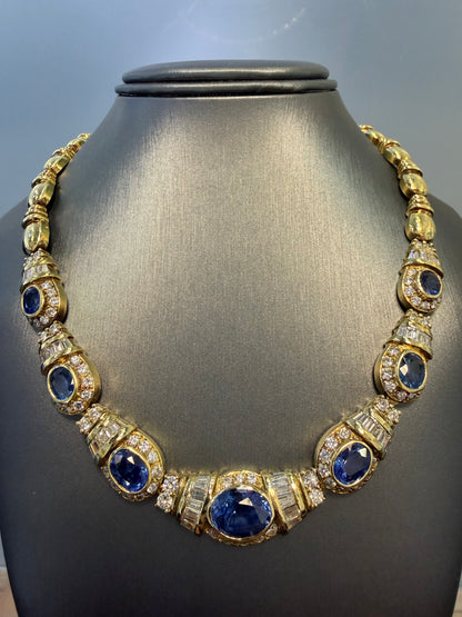 GIA 18k Yellow Gold Sri Lankan Oval Sapphire & Diamond Necklace