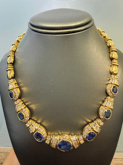 GIA 18k Yellow Gold Sri Lankan Oval Sapphire & Diamond Necklace