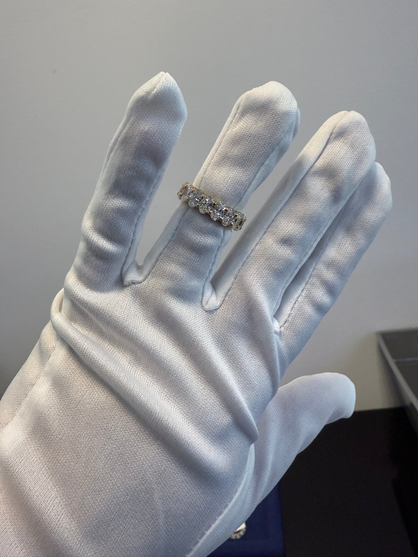 GIA Certified 18K Yellow Gold Natural 5.46 Carats Oval Cut Diamond Eternity Ring